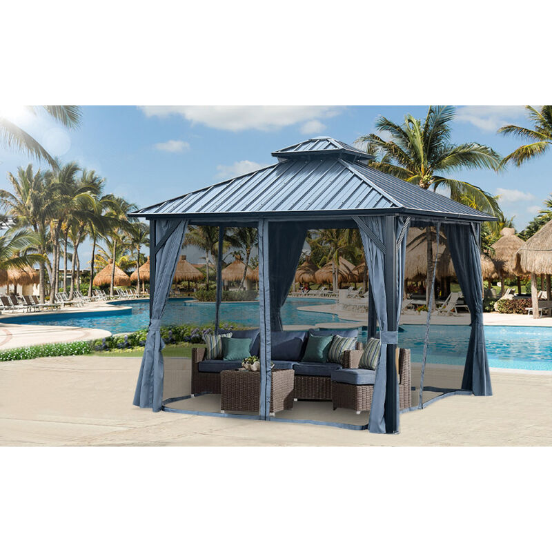 10x12ft Gazebo Double Roof Canopy with Netting and Curtains, Outdoor Gazebo 2Tier Hardtop Galvanized Iron Aluminum Frame Garden Tent for Patio, Backyard, Deck and Lawns