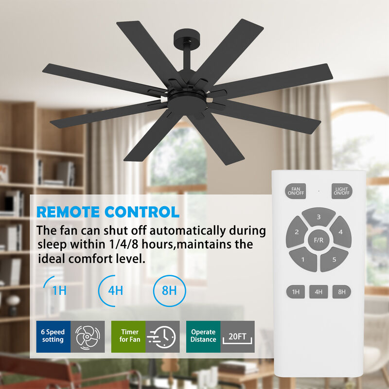 65 in. Indoor Outdoor Use Black Solid Wood Grain 8 Blade Propeller Ceiling Fan with Remote Control, Adjustable, 5-Speed