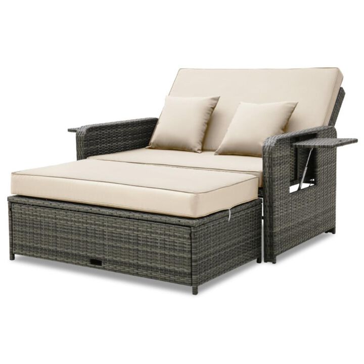 Hivvago Patio Wicker Loveseat Sofa with Multipurpose Ottoman and Retractable Side Tray