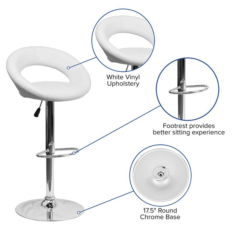 Flash Furniture Contemporary White Vinyl Rounded Orbit-Style Back Adjustable Height Barstool with Chrome Base