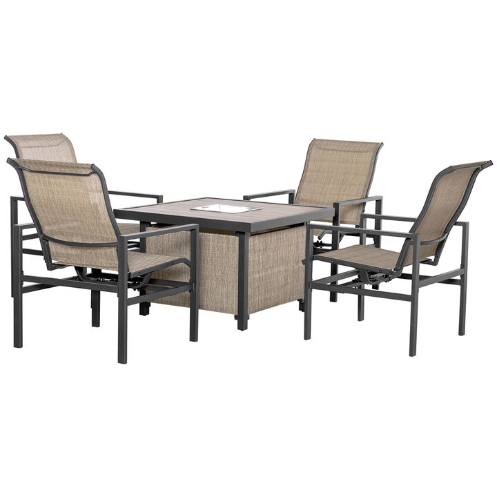 5 Piece Garden Patio Dining Set, Steel, Outdoor Conversation Set, Square Dinner Table with Builtin Ice Bucket Insert, 4 Rocking Chairs for Garden, Lawn, Backyard, Beige