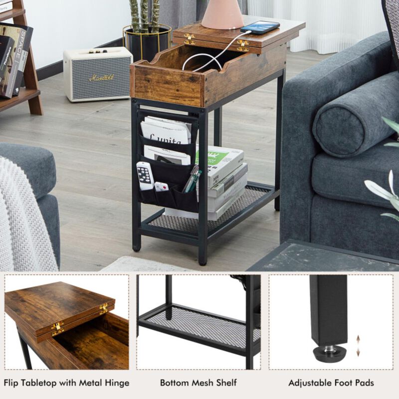 Hivvago Industrial End Table with Charging Station and Flip Top-Rustic Brown