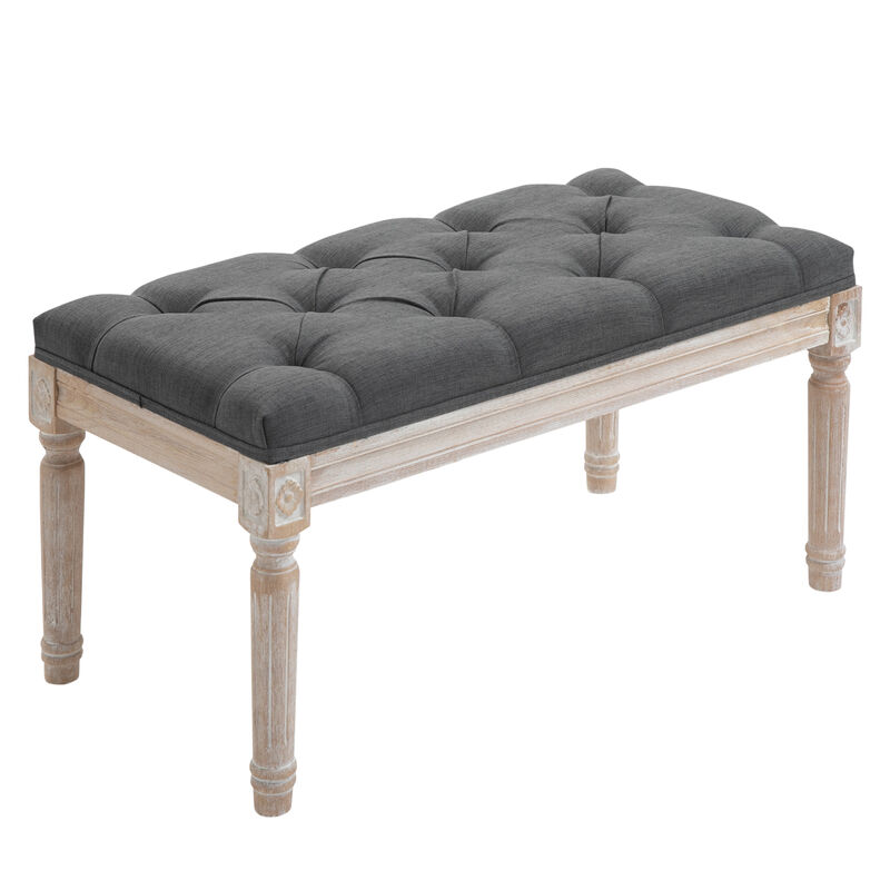 HOMCOM 32" Vintage Ottoman, Tufted Footstool with Upholstered Seat, Distressed Wood Legs for Bedroom, Living Room, Gray