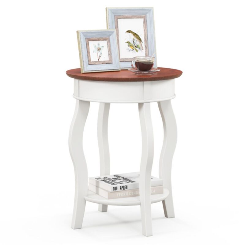 Hivvago 2-Tier Round End Table with Storage Shelf and Solid Rubber Wood Legs