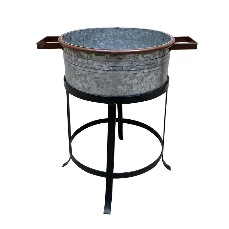 21, 18, and 16 Inch 3 Piece Round Tub Metal Planter Set with Stand in Galvanized Gray and Black Iron-Benzara