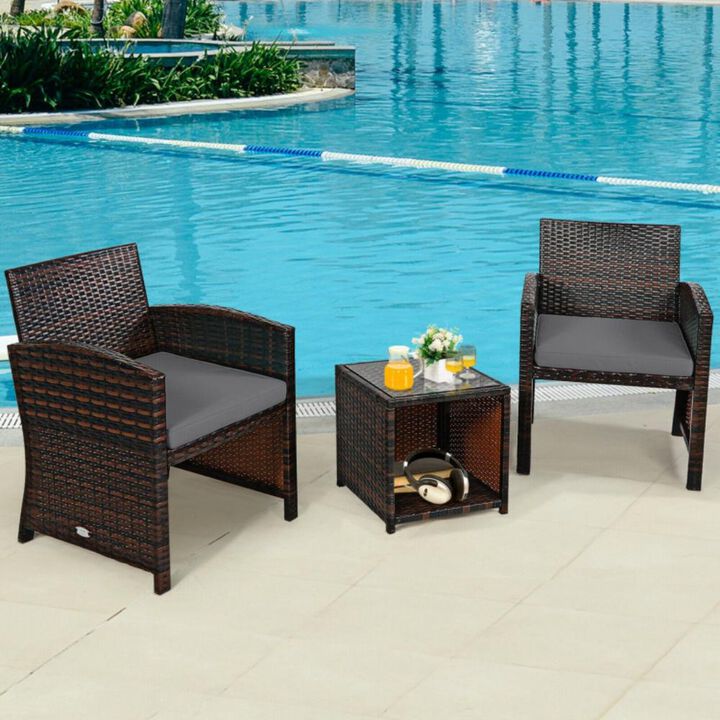 Hivvago 3 Pieces PE Rattan Wicker Furniture Set with Cushion Sofa Coffee Table for Garden