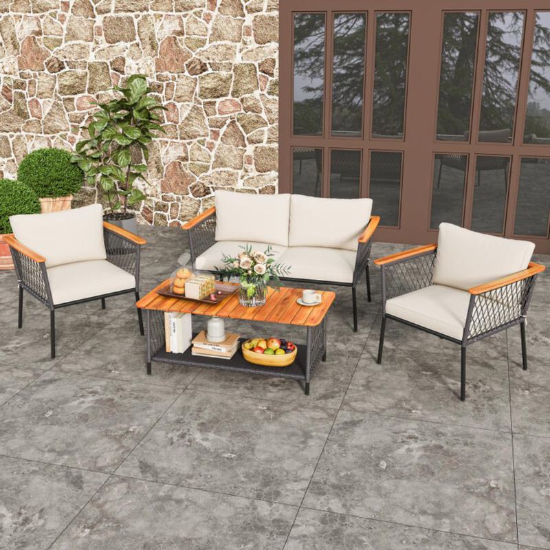 Hivvago 4 Piece Patio Rattan Furniture Set with 2-Tier Coffee Table