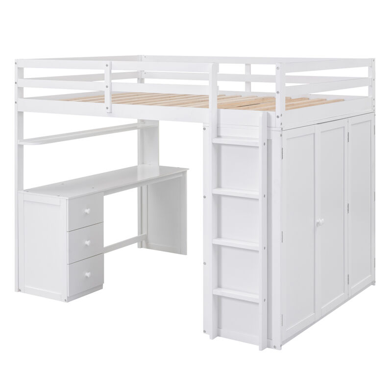 Full size Loft Bed with Drawers, Desk, and Wardrobe-White