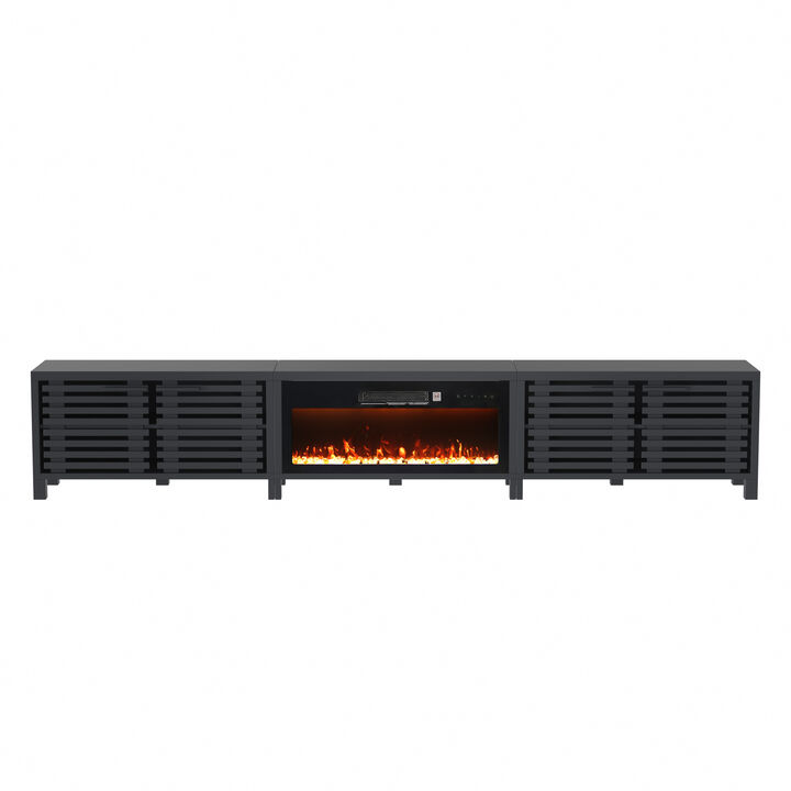 114" Modern Modular Black TV Stand with 36" Insert Electric Fireplace Heater, Entertainment Center with Storage Cabinet for TV up to 98"