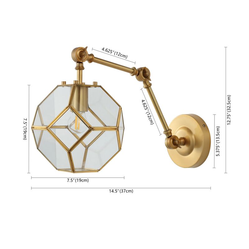 Honeycomb 7.5" 1-Light Modern Contemporary Arm-Adjustable Iron/Glass LED Sconce, Brass Gold/Clear