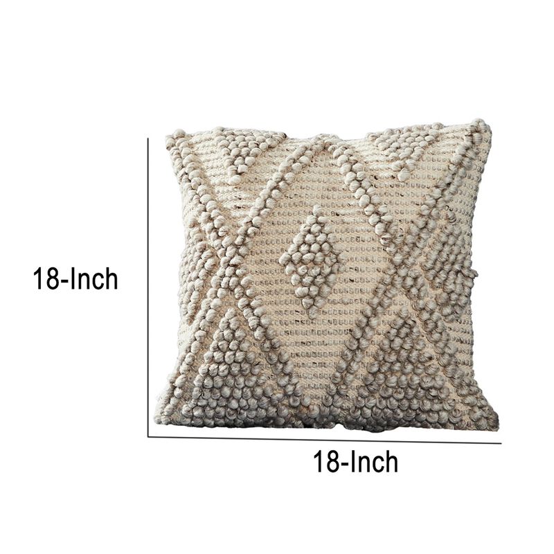 18 Inch Decorative Throw Pillow Cover, Beaded Diamond Pattern, Beige Fabric-Benzara