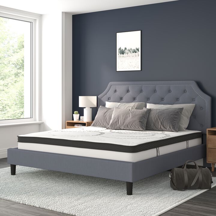 Brighton King Size Tufted Upholstered Platform Bed in Light Gray Fabric with 10 Inch CertiPUR-US Certified Pocket Spring Mattress