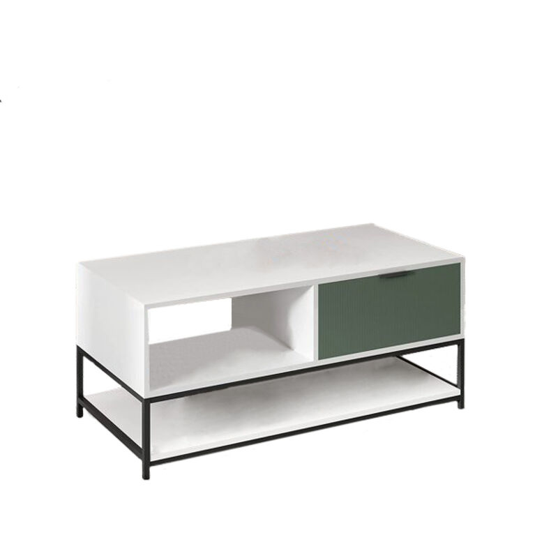 Watson White And Green Wood Coffee Table Steel Frame With Shelves And Drawer