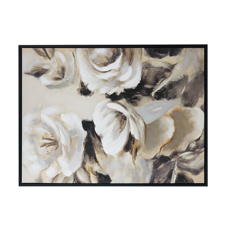 35 x 47 Framed Wall Art, Flower Print, Modern Style, Beige, Black, White - Benzara