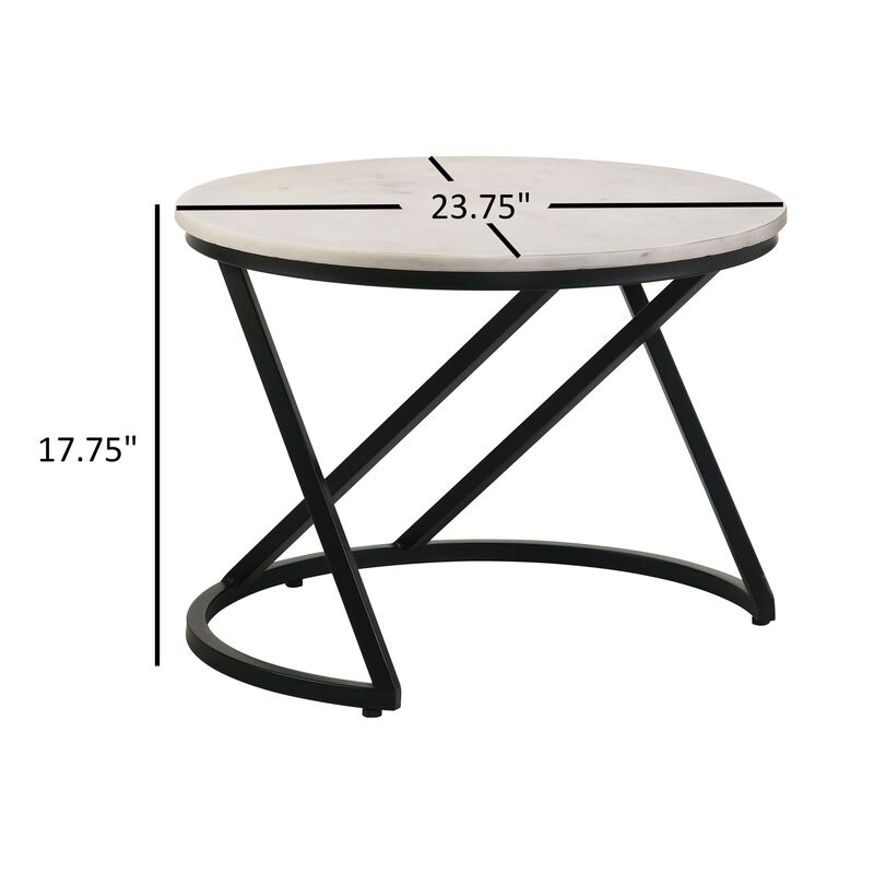 24 Inch Accent Coffee Table, White Marble Top, C Base, Black Metal Finish - Benzara