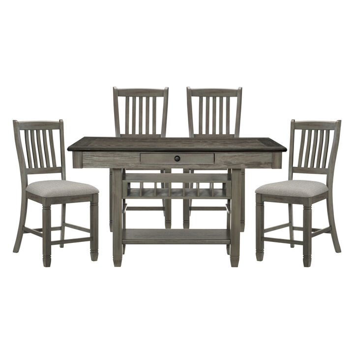 Antique Gray Dining Furniture Counter Height Table w Drawers Wine Rack Shelf and 4x Counter Height Chairs 5pc Dining Set Classic Style