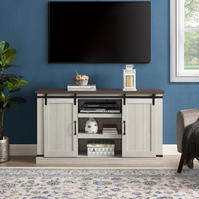 Classic Farmhouse Media TV Stand Transitional Entertainment Console for TV Up to 60" with Sliding Doors and Open Storage Space, Light Gray, 54.5" Wx15.75" Dx30.5" H