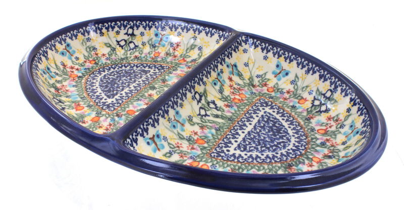 Blue Rose Polish Pottery Poinsettia Large Divided Dish