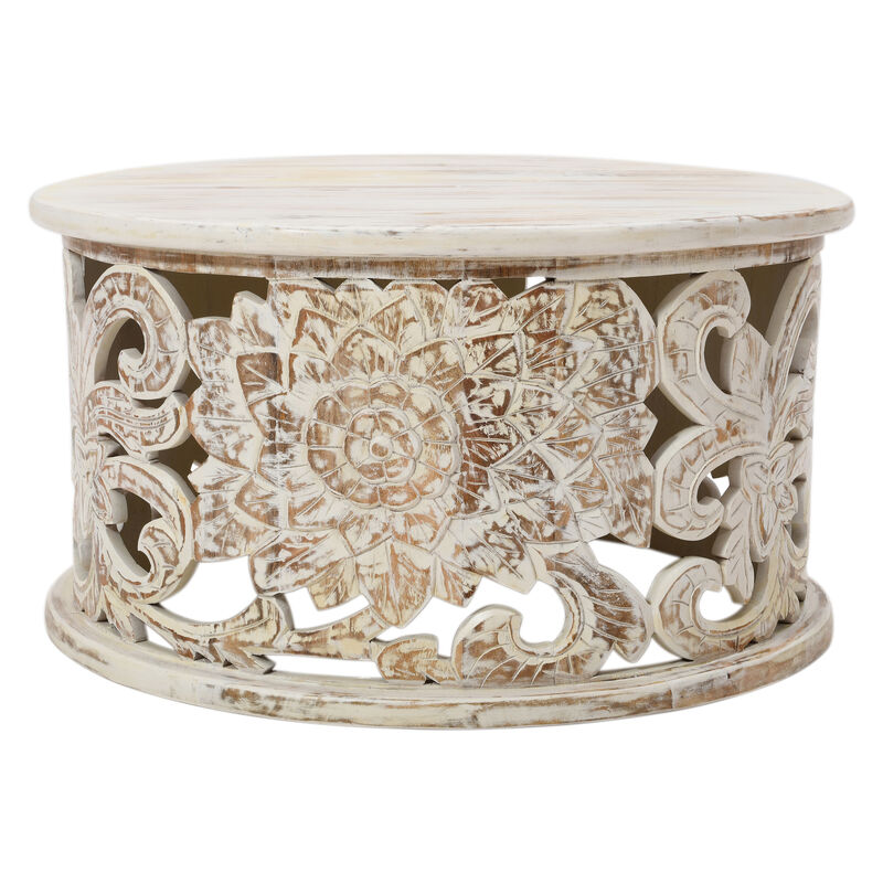 Alina Coffee Table Handcrafted Mango Wood Floral Carved Cut Out Design Distressed White Finish 33 Inch - Benzara