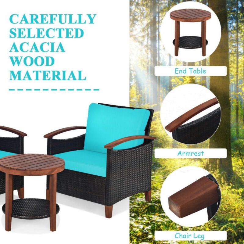 Hivvago 3 Pieces Patio Wicker Furniture Set with Washable Cushion and Acacia Wood Tabletop