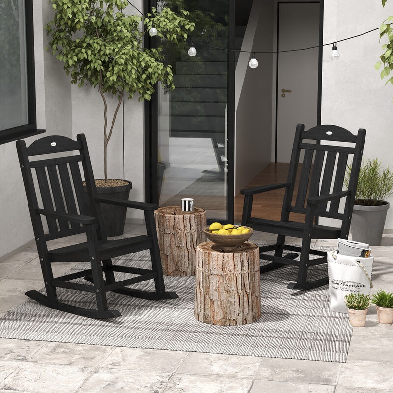 Outsunny 2 Pieces Outdoor Rocking Chair, All Weather-Resistant HDPE Rocking Patio Chairs with Rustic High Back, Armrests, Oversized Seat and Slatted Backrest, 350lbs Weight Capacity, Black