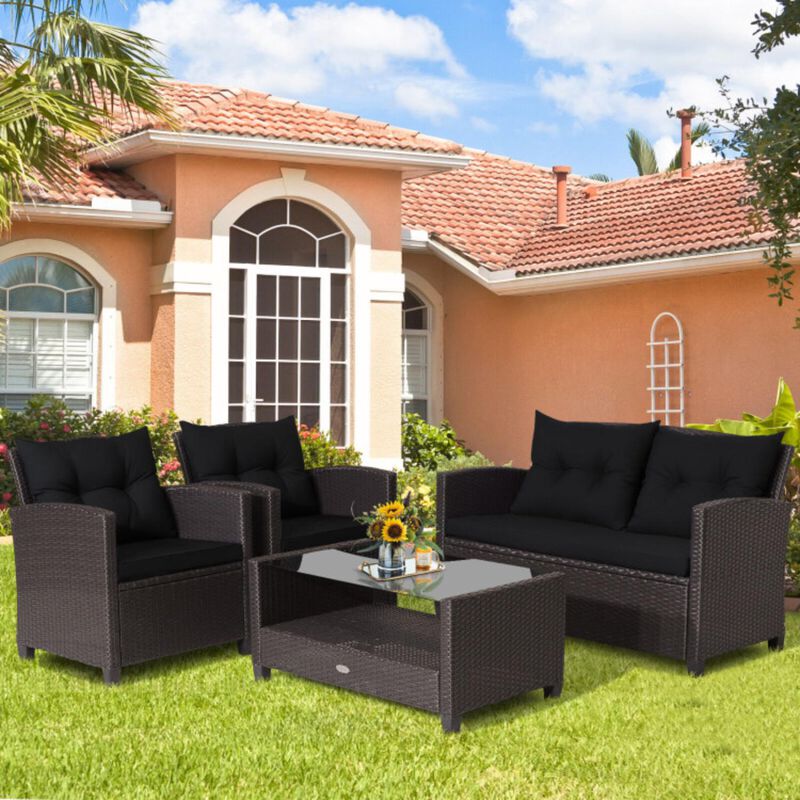 Hivvago 4 Pieces Patio Rattan Furniture Set with Tempered Glass Coffee Table