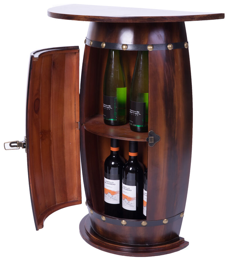 Rustic Lockable Barrel Shaped Wine Bar Cabinet Wooden End Table