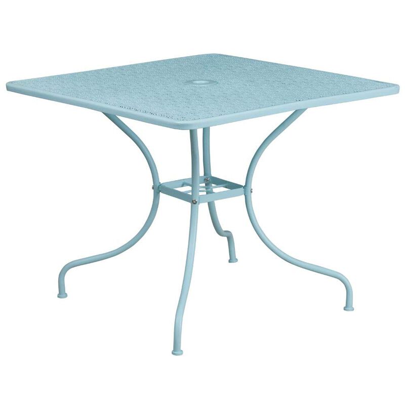 Flash Furniture Oia Commercial Grade 35.5" Square Sky Blue Indoor-Outdoor Steel Patio Table Set with 4 Round Back Chairs
