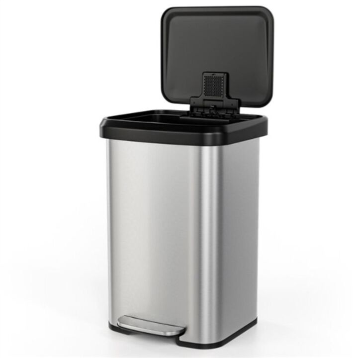 Hivvago 13 Gallon Silver Stainless Steel Step Trash Can with Soft Close Lid