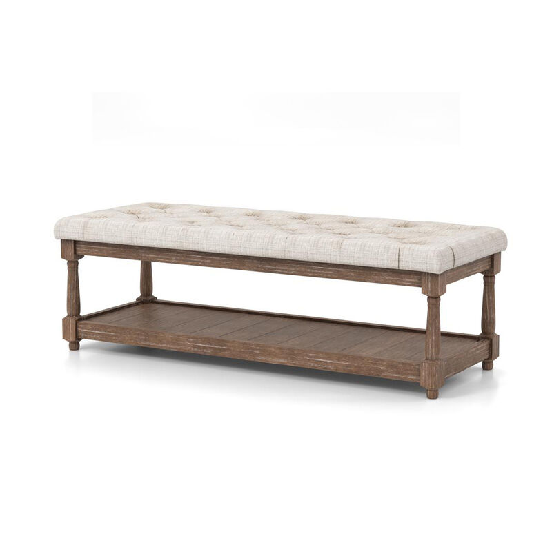 Linen and Wood Bench with Open Shelf in Beige