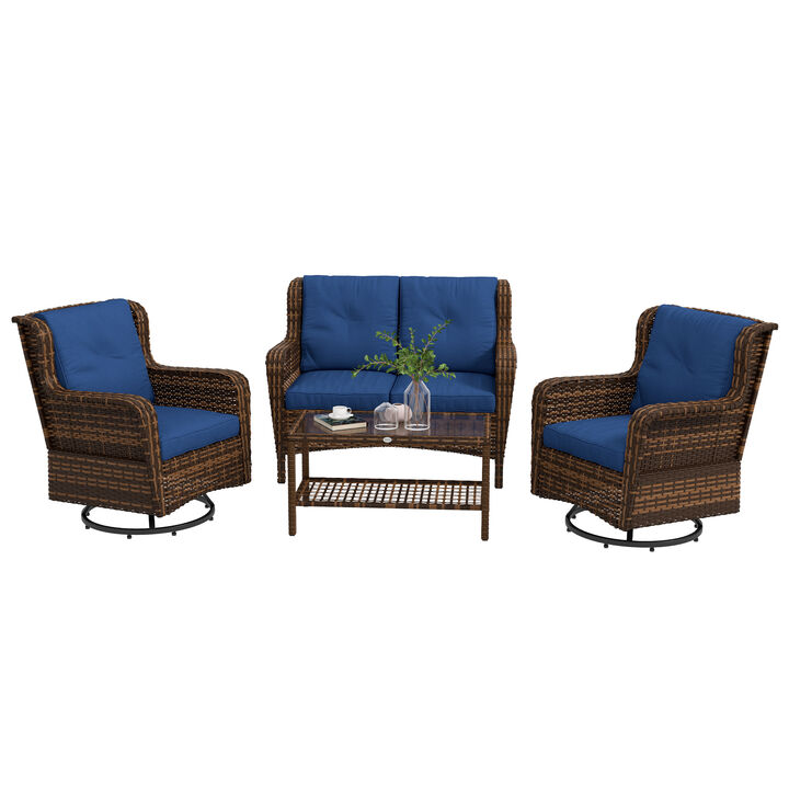 Outsunny 4 Piece PE Rattan Outdoor Patio Furniture Set, Wicker Conversation Set with 2 Swivel Rocking Chairs, 2-Tier Glass Table and Loveseat for Garden, Patio, Poolside, Dark Blue