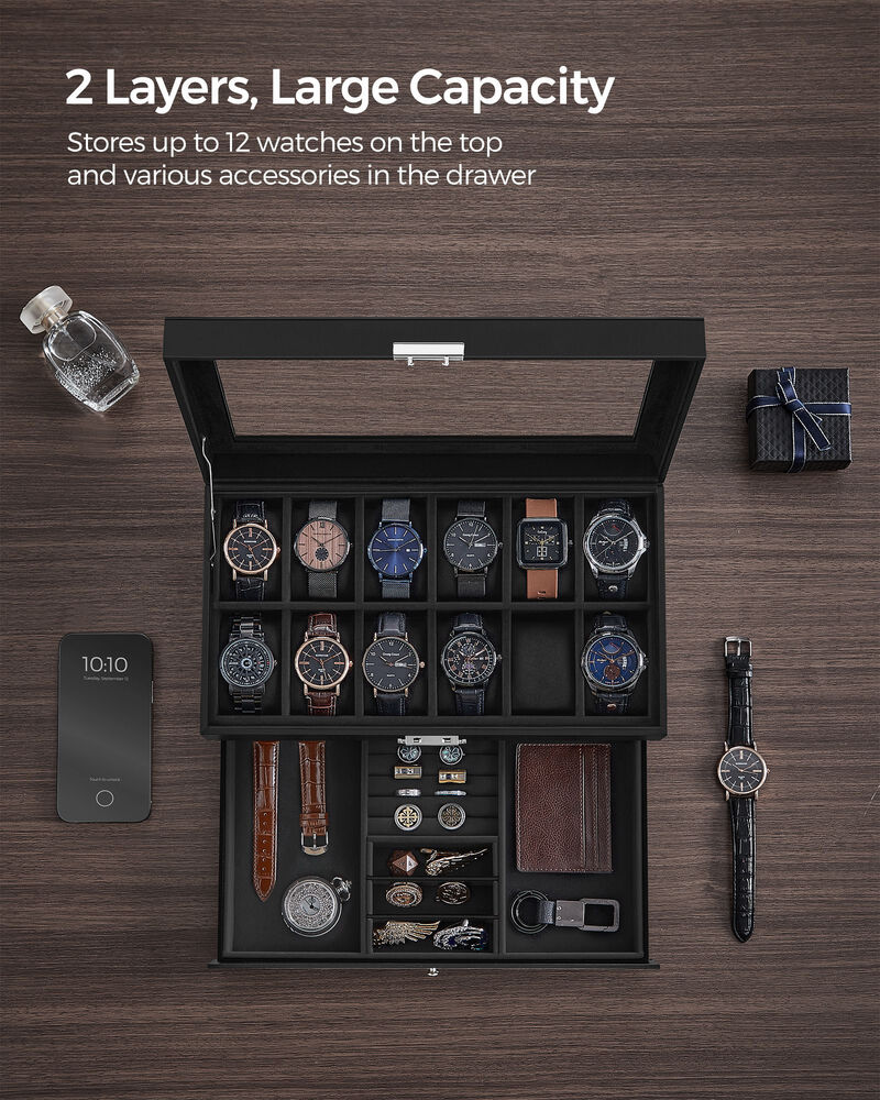 12-Slot Men's Watch Box Jewelry Organizer with Lock and Keys