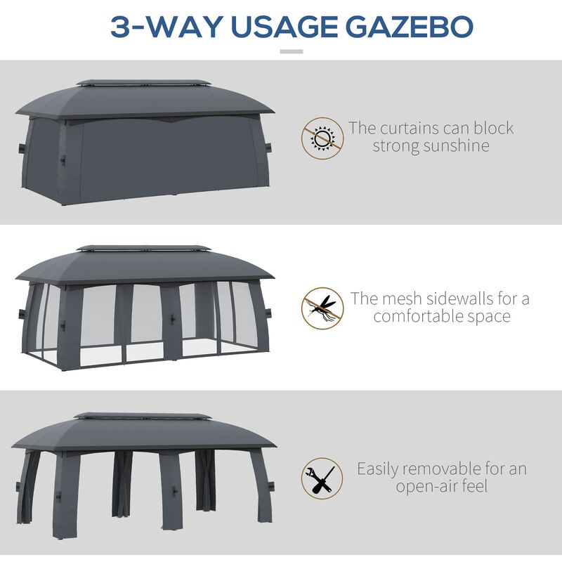10' x 20' Patio Gazebo, Outdoor Gazebo Canopy Shelter with Netting & Curtains, Vented Roof for Garden Dark Gray