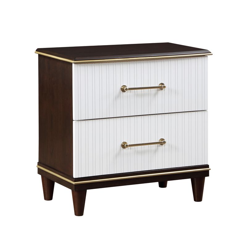 Contemporary White and Cherry Finish 1pc Two Drawers Nightstand 2Tone Finish with Gold Trim Modern