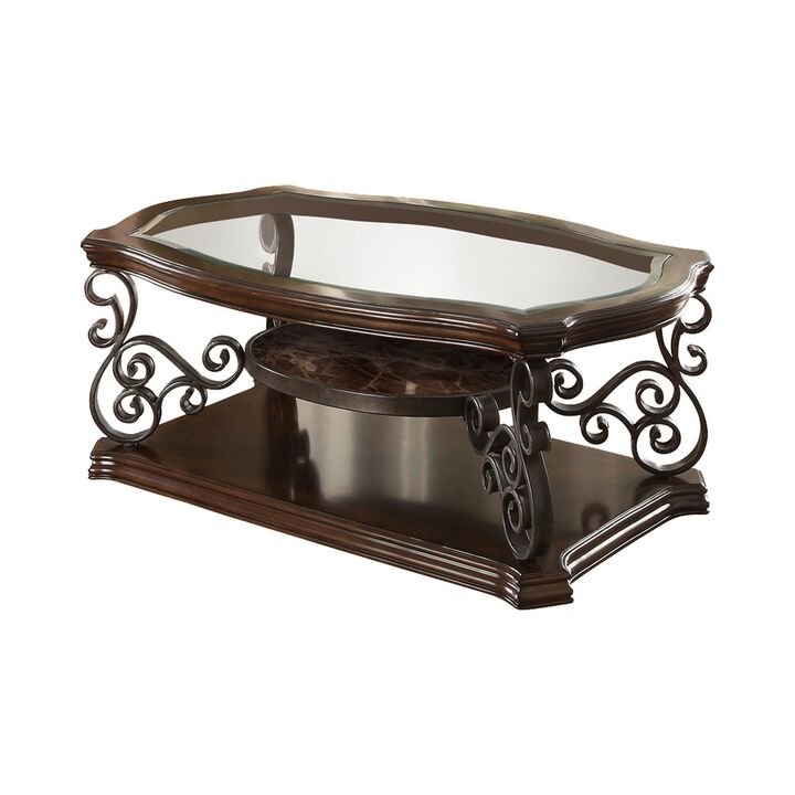 Tempered Glass Top Wooden Coffee Table with Ornate Metal Scrollwork, Brown
