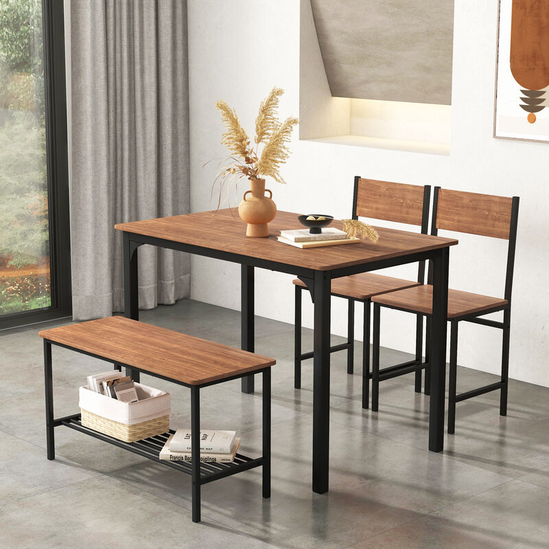 4 Pieces Rustic Dining Table Set with 2 Chairs and Bench