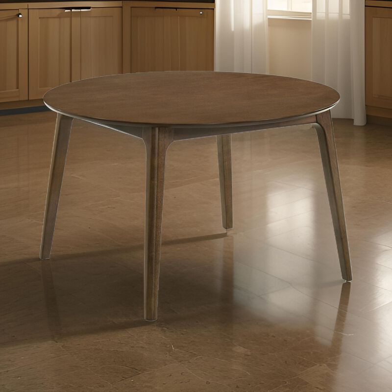 Kiq 48 Inch Dining Table, Wood, Round Tabletop, Angled Legs, Walnut Brown - Benzara