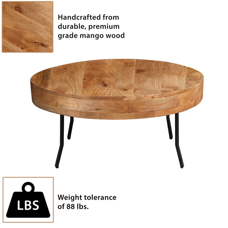 32 Inch Coffee Table, Handcrafted Mango Wood Round Top, Black Metal Angled Legs - Benzara