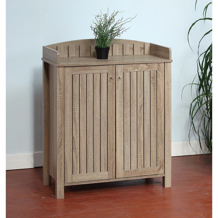 Slatted Pattern Shoe Cabinet With Molded Top, Brown-Benzara