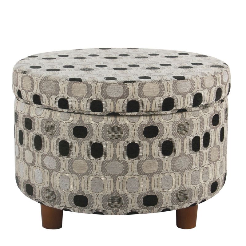 Wooden Ottoman with Geometric Patterned Fabric Upholstery and Hidden Storage, Multicolor - Benzara