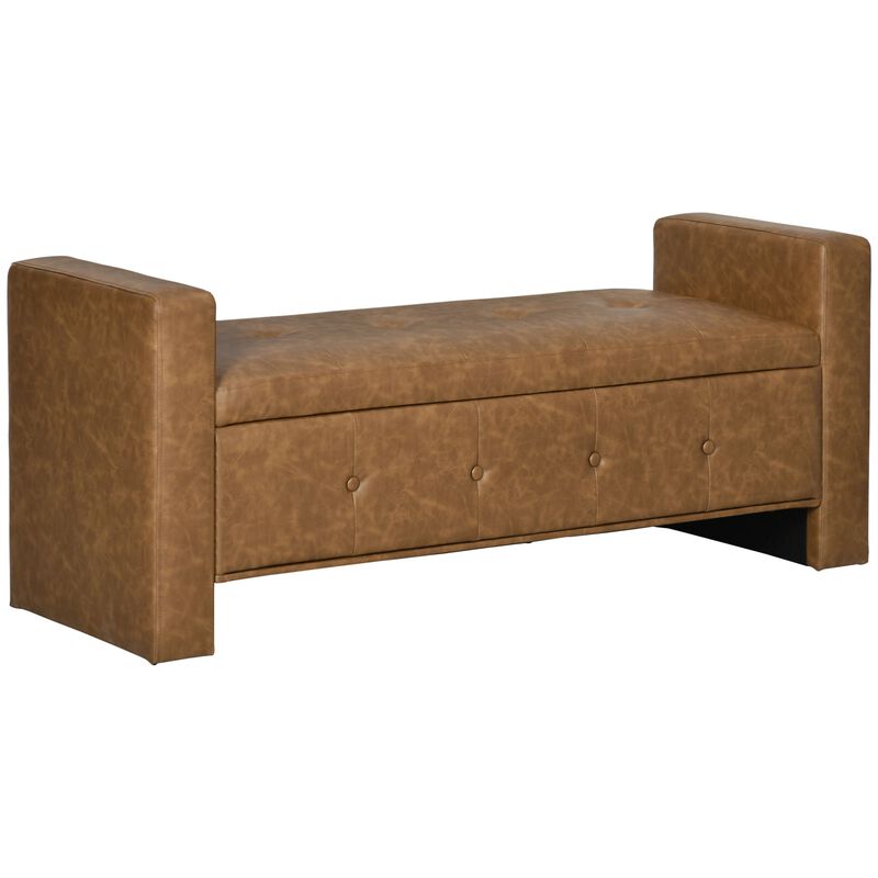 Brown Leather Ottoman: Rectangular Storage Bench with Tufted Lid