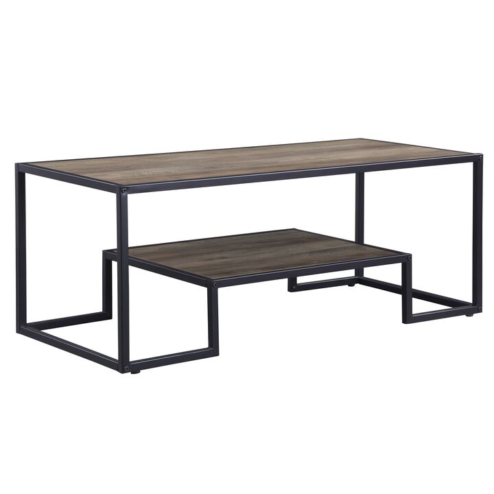 Homezia 45" Black And Rustic Oak Paper Veneer And Metal Rectangular Coffee Table With Shelf