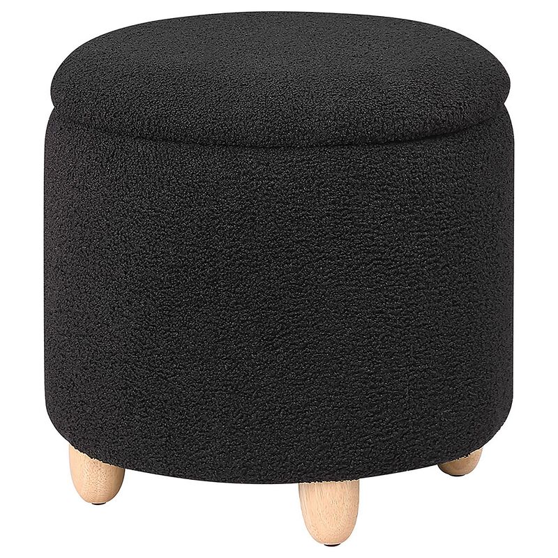 Aia 18 Inch Storage Ottoman, Black Faux Sheepskin, Round Rubberwood Feet - Benzara