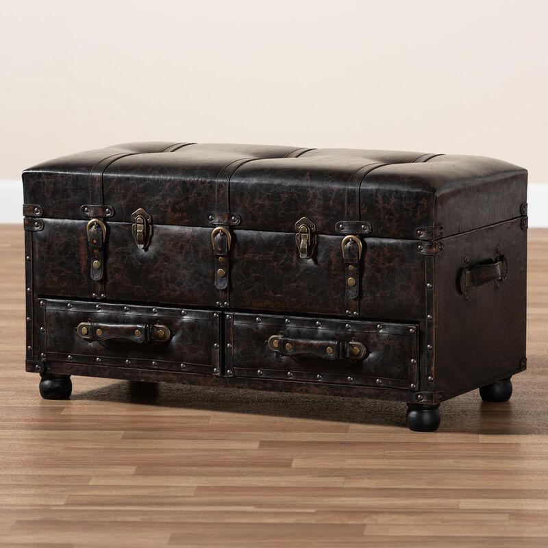 Leather Upholstered 2-Drawer Storage Trunk Ottoman