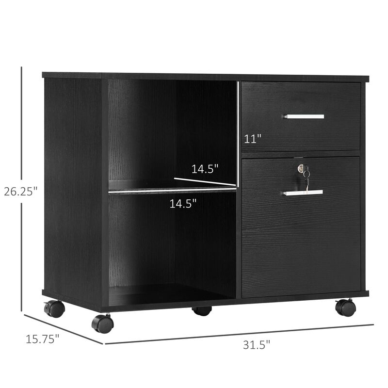 Black Office Organizer: Wheeled Lateral File Cabinet with Shelves