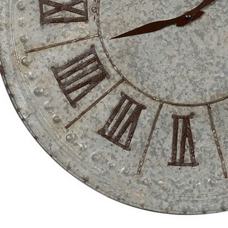 20 Inch Classic Round Wall Clock, Metal, Roman Numerals, Vintage Gray  - Benzara