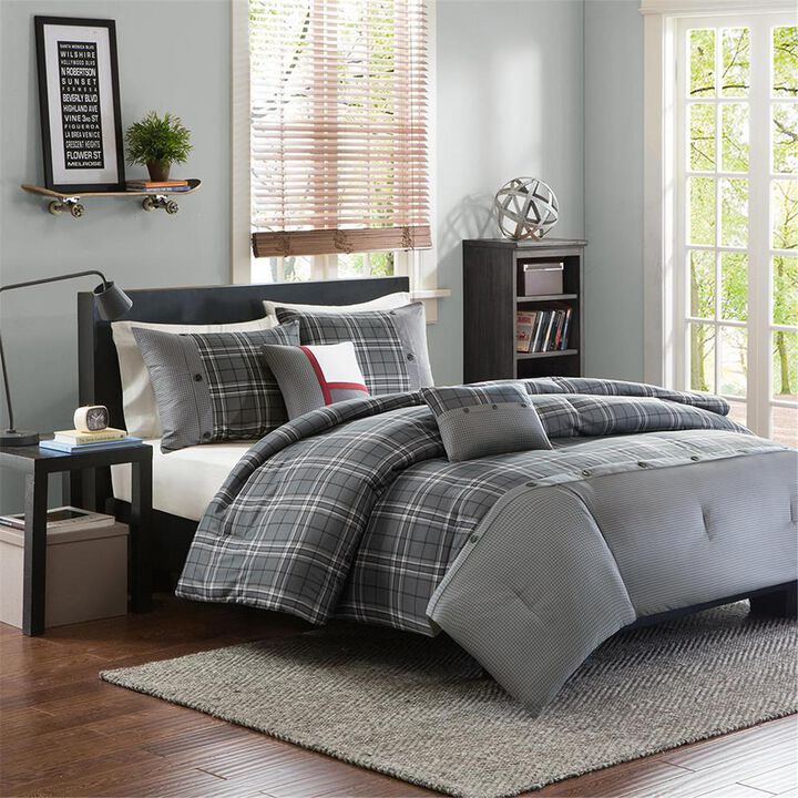 Belen Kox Grey Plaid Printed Peach Skin Comforter Set, Belen Kox