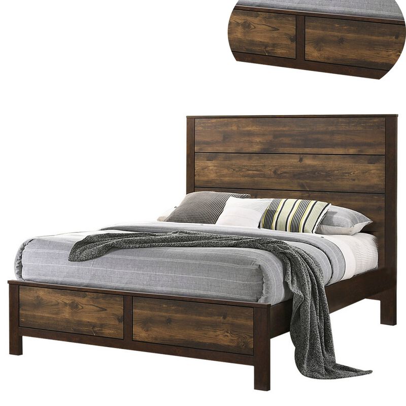 Roki Platform California King Bed with Panel Design, Rustic Brown Finish - Benzara