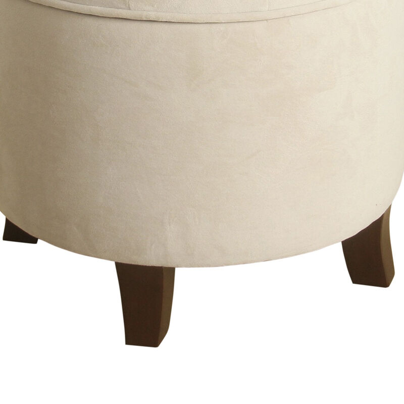 Button Tufted Velvet Upholstered Wooden Ottoman with Hidden Storage, Cream and Brown - Benzara