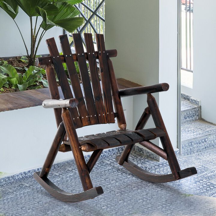 Wooden Rustic Rocking Chair, Indoor Outdoor Adirondack Log Rocker with Slatted Design for Patio, Lawn, Carbonized Color